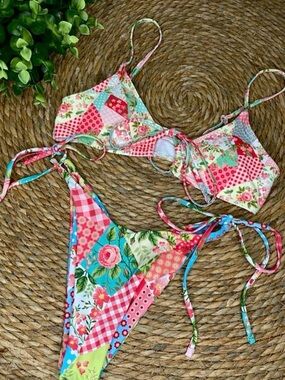 Floral Patchwork String Bikini Set - Multicolor